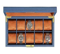 ROTHWELL 10 Slot Leather Watch Box - Luxury Watch Case Display Jewelry Organizer - Locking Watch Display Case Holder with Large Glass Top - Watch Box Organizer for Men and Women (Blue/Tan)