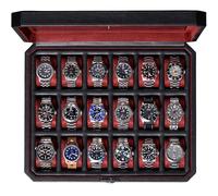 ROTHWELL Custodia per orologi da uomo, con 18 scomparti, con parte superiore in vero vetro, chiudibile, elegante espositore per collezioni (nero/rosso)