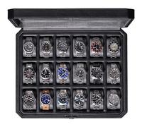 ROTHWELL Custodia per orologi da uomo, con 18 scomparti, con parte superiore in vero vetro, chiudibile, elegante espositore per collezioni (nero/grigio)