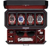 ROTHWELL Scatola per orologi in pelle con 4 scomparti e cassetto per riporre gioielli, custodia di lusso con chiusura a chiave, con parte superiore in vero vetro, organizer per orologi per uomini e