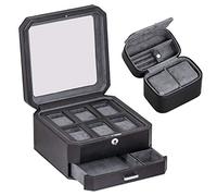 ROTHWELL Set regalo Scatola porta orologi in pelle a 6 scomparti e custodia da viaggio per 2 orologi - supporto per scatole portaoggetti con parte superiore in vetro (set regalo nero/grigio)