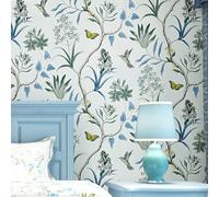 Rotolo di carta da parati in tessuto non tessuto testurizzato per camera da letto, soggiorno, 10 x 0,53 m, colore: blu americano, fiori di campagna americani e uccelli da 1,73 x 32,8 cm L = 5,3 ㎡ (57