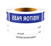 Rotolo di pass visitatori in blu, etichette personalizzabili con nome, badge visitatori stampabili con colonna data e cartello vietato fumare, pass per sala per ufficio, scuola, evento