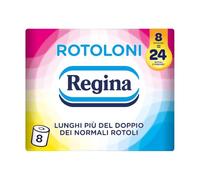 Rotoloni Regina - 8 Maxi Rotoli di Carta Igienica, 500 Fogli a 2 Veli, Lunghi Più del Doppio dei Normali Rotoli, Confezione 50% in Plastica Riciclata, Carta 100% Certificata FSC
