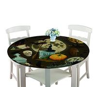 Rotonde Tovaglia in Poliestere con Bordo Elastico,Treers Copritavolo Lavabile Impermeabile Antipolvere Tovaglia con Stampa Halloween 3D per Cucina Giardino Tavolo (Teschio di Halloween,180cm)