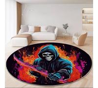 Rotondo Tappeto Salotto Pelo Corto, Gotico Teschio Falce Inchiostro stampato, Moderno Decorazione Moquette Antiscivolo Soggiorno Bambini Camera da Letto Domestica Tappeti (Colorato, Diametro 100 cm)