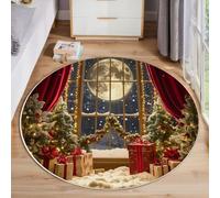 Rotondo Tappeto Vista Dalla Finestra Luna Piena Antiscivolo Pelo Corto Per Soggiorno, Tappeto 200 Cm Con Motivo Tema Natalizio, Tappeti Rosso Borgogna Di Grandi Dimensioni Per Bambini Camera Da Letto