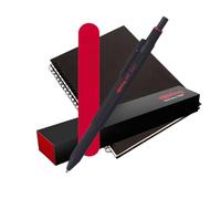 rOtring 600 penne e portamine multicolore 3 in 1, fusto nero, penna a sfera (inchiostro nero e rosso) + matita da 0,5 mm, confezione regalo, quaderno a spirale A5 + sacchetto di velluto