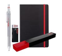 rOtring 600 penne multicolore 3 in 1 e portamine + quaderno, punte per penna a sfera nere e rosse e 1 punta a matita meccanica (0,5 mm), fusto in metallo argentato