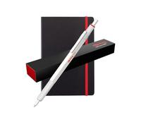 Rotring Penna a sfera metallica 600 con taccuino A5 Deluxe, punta media, inchiostro nero, fusto bianco perla con impugnatura zigrinata antiscivolo, ricaricabile, set regalo classico per ufficio