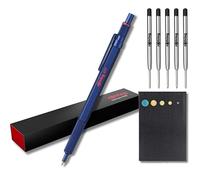 rOtring Set di 600 penne a sfera, punta media, inchiostro nero, fusto blu con impugnatura zigrinata antiscivolo, 5 ricariche nere (M) + foglietti adesivi