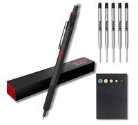 rOtring Set di 600 penne a sfera, punta media, inchiostro nero, fusto nero con impugnatura zigrinata antiscivolo, 5 ricariche nere (M) + foglietti adesivi