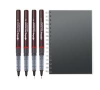 rOtring Tikky Graphic - Penna a punta fine con quattro diversi spessori, inchiostro nero, 4 pezzi + quaderno a spirale A5