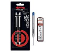 rOtring Tikky - Set di matite meccaniche e penna a sfera, mina HB, matita da 0,5 mm, penna a punta media, fusto nero, set con ricariche extra