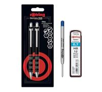 rOtring Tikky - Set di matite meccaniche e penna a sfera, mina HB, matita da 0,7 mm, penna a punta media, fusto nero, set con ricariche extra