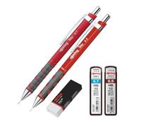 rOtring Tikky - Set di matite meccaniche HB 0,50 mm e 0,70 mm, fusto rosso, include mine HB ad alto polimero e gomma di alta qualità, kit di disegno e scrittura di precisione per studenti, artisti e