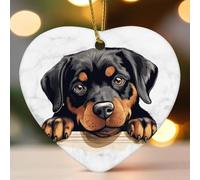 Rottweiler divertente cane che sbircia piatto cuore ornamento natalizio in ceramica per albero di Natale ciondolo palla tag calza inverno Capodanno vacanze souvenir novità regalo per Natale