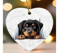 Rottweiler - Divertente ornamento natalizio in ceramica a forma di cuore che sbircia per albero di Natale, decorazione per albero di Natale, divertente ciondolo a forma di pallina per vacanze