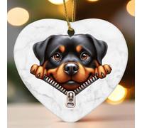 Rottweiler - Divertente ornamento natalizio in ceramica con cerniera che sbircia il cane a forma di cuore, decorazione per albero di Natale, divertente ciondolo a forma di palla per vacanze, Capodanno