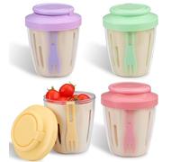 Roucerlin 4 bicchieri da frutta portatili da 623,7 g, con coperchio, forchetta e cestino, in plastica, a prova di perdite, per pranzo, lavoro, ufficio, escursionismo (4 colori)