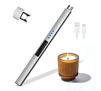 Accendino Elettrico, Rouclo Accendigas USB Ricaricabile con Indicatore della Batteria,Accendino Lungo per Candele, Accendino Arco Elettrico per Accendere Candele,Stufe, Barbecue,Campeggio (Argento)