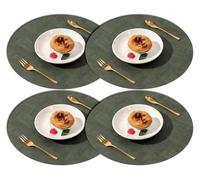 Round Cloth Pattern Leather Placemats Set of 4, Dual-Sided Waterproof Non-Slip Table Mats for Kitchen Dining(Dark Green)