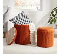Round Ottoman with Storage Set of 2,Vanity Stool with Storage for Bedroom, Ottoman Coffee Table,Small Velvet Foot Stool for Living Room, Orange