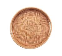 Round Rattan Woven Serving Tray with Handles Ottoman Tray for Breakfast, Drinks, Snack for Coffee Table, Home Decorative js
