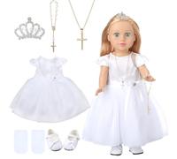 RoundFunny 7 vestiti per bambola americana da 45,7 cm, vestito per prima comunione, con fascia abbinata, velo, bracciale, scarpe, calzini, collane, per bambole da 45 cm, bambola non inclusa (corona)