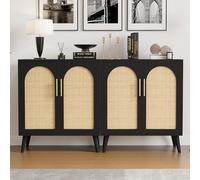 Rovaurx Set di 2 armadietti portaoggetti in rattan con ante, armadio da pavimento per bagno, credenza moderna, armadio da buffet per soggiorno, ingresso, sala da pranzo e cucina, nero e naturale,