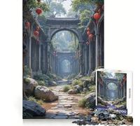 Rovine di un tempio asiatico ricoperte di vegetazione con lanterne - Puzzle da 1000 pezzi per adolescenti - Puzzle di memoria - Leggero - Rilassante - Assemblaggio immagini (38x26cm)