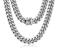 ROWIN&CO Collana Uomo a Catena Cubana Argento, Collana Gioielli Hip Hop per Uomo Ragazzi, Catena d'Argento Grande, Catena Cubana Acciaio Inox 15mm/ 46-88 cm Lunghezze. (76)