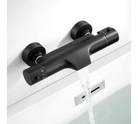 ROWINNAO Rubinetto per vasca da bagno a cascata con termostato nero, 2 uscite per doccia e vasca da bagno, miscelatore doccia termostatico con pulsante di sicurezza a 38 °C