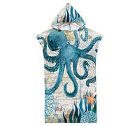 Rowjoy Asciugamano da Spiaggia con Cappuccio per Adulti, Accappatoio Poncho con Cappuccio, Asciugamano Microfibra con Vita Marina, Accappatoio per Cambiarsi, nuoto, surfing, spiaggia (H2-75 x 110 cm)