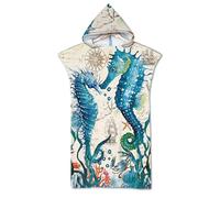 Rowjoy Telo mare poncho, oceano animale, stampa surf, blu subacqueo, telo mare con cappuccio, asciugamano poncho ad asciugatura rapida per adulti (Seahorse2-75 x 110 cm), Row-1