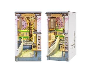 RoWood DIY Book Nook Kit Sakura Densya - Puzzle in Legno 3D Fai Da Te Miniatura Libro Nook Booknook Modellismo Kit per Libreria Fermalibri Decor con Mobili e Luce a LED
