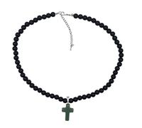 Roxys Perlenkraft Collana da donna nera e verde, perle acriliche da 8 mm, ciondolo a forma di croce verde, catena di perle regolabile da 45 cm + 5 cm di estensione