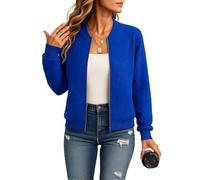 Royal Blue Solid Zip-Up Knit Bomber Jacket for Women, Casual Sporty Style with Ribbed Texture And Stand Collar