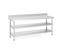 Royal Catering RCAT-200/60-SPS3SH - Tavolo da lavoro in acciaio INOX con alzata, 200 x 60 x 16,5 cm, 235 kg, 2 ripiani in acciaio INOX