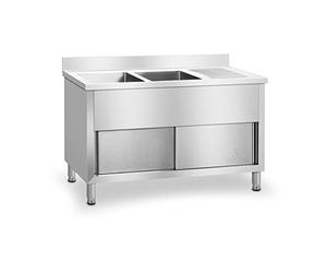 Royal Catering RCHS-1400WS Lavello Cucina Inox Lavello Armadiato Doppio Professionale (2 Vasche, Acciaio Inox, Porte Scorrevoli, 64x140x95,5 cm)