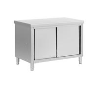 Royal Catering Tavolo armadiato inox con passante ECO 120 x 70 cm 500 kg Tavolo armadiato inox con ante scorrevoli Tavolo inox armadiato per la ristorazione Banco da lavoro in acciaio inox