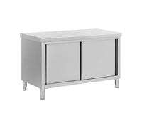 Royal Catering Tavolo armadiato inox con passante ECO 140 x 70 cm 500 kg Tavolo armadiato inox con ante scorrevoli Tavolo inox armadiato per la ristorazione Banco da lavoro in acciaio inox