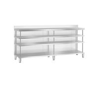 Royal Catering Tavolo da bar in acciaio inox 250 x 60 x 105 cm, capacità elevata, design rinforzato con ripiano MDF, schienale protettivo, piedini regolabili 150 mm, tavolo da catering