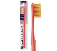 Royal Denta Spazzolino da denti super morbido dorato, extra morbido per denti e gengive sensibili, spazzolino da denti a doppia lunghezza, particelle d'oro per prevenire i batteri, rosso corallo