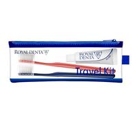 Royal Denta Travel Kit Duo Silver - Set da viaggio con spazzolino da denti e dentifricio da 20 g di dentifricio allo xilitolo, 2 spazzolini da tootbrush extra morbidi argentati, tappi per spazzolino e