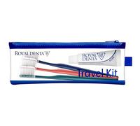Royal Denta Travel Kit Trio Silver - Set da viaggio con spazzolino da denti e dentifricio da 20 g di dentifricio allo xilitolo, 3 spazzolini da tootbrush extra morbidi argentati, tappi per pennelli e