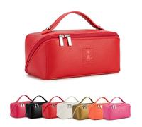 Royal FAIR Travel Makeup Bag,Large Capacity Cosmetic Bags for Women, PU Leather Waterproof Portable Pouch Open Flat Toiletry Bag Make up Organizer with Divider and Handle, rosso, Classico