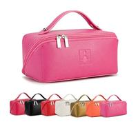 Royal FAIR Travel Makeup Bag,Large Capacity Cosmetic Bags for Women, PU Leather Waterproof Portable Pouch Open Flat Toiletry Bag Make up Organizer with Divider and Handle, rosa., Classico