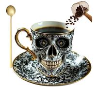 Royal Skull Coffee Mug, Gothic Porcelain Tea Cup With Gold Trim, Halloween Skull Cup with Saucer Set for Coffee Lovers and Collectors