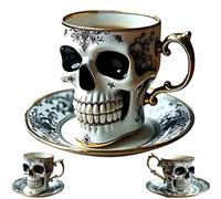 Royal Skull Coffee Mug,Skull Coffee Cup With Saucer Set,Gothic Porcelain Tea Cup With Gold Trim,Funny Novelty Skullcoffee Mug Halloween Gifts for Coffee Lovers & Collectors (White)